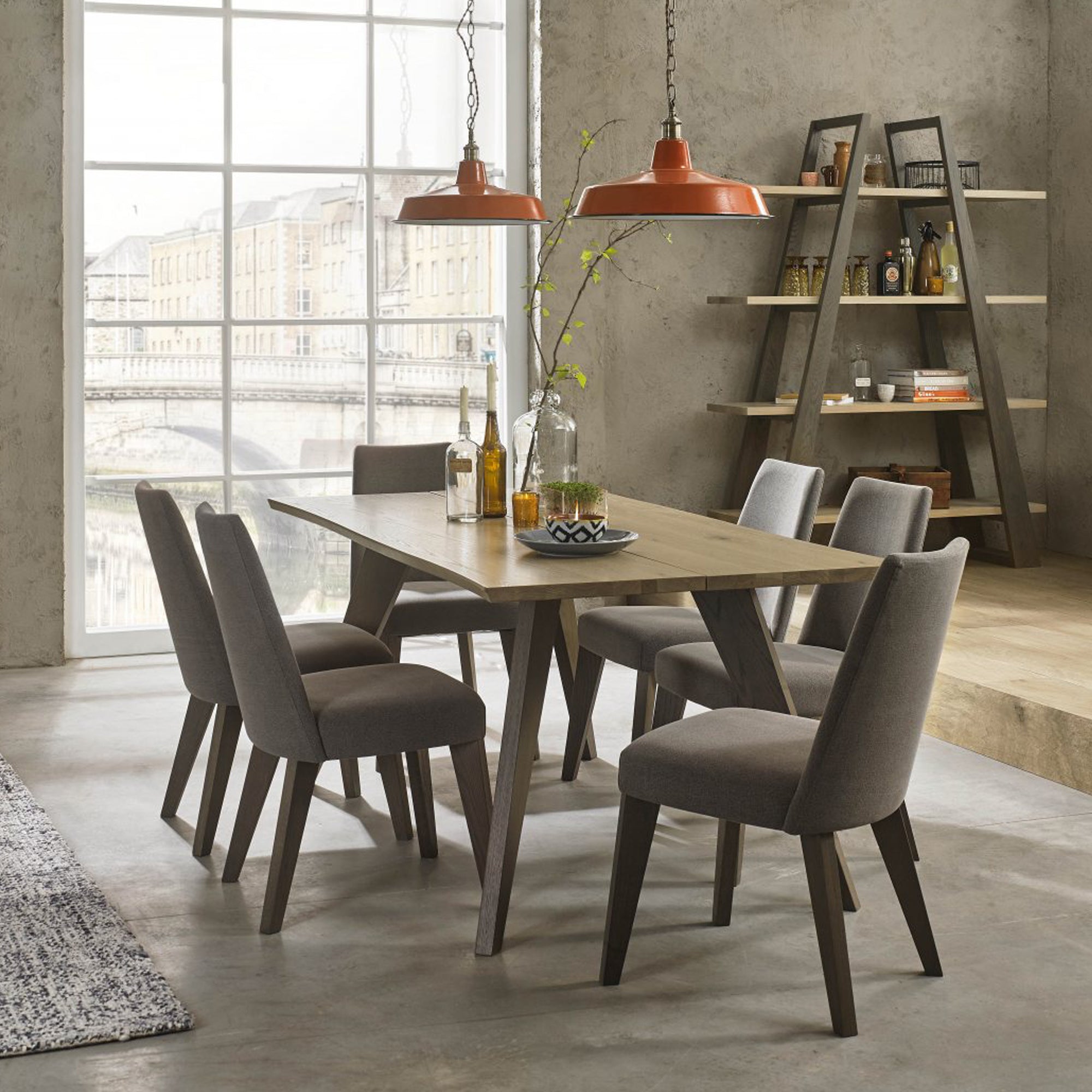 Bentley Designs Cadell Aged Oak 6 Seater Dining Table & 6 Upholstered Chairs
