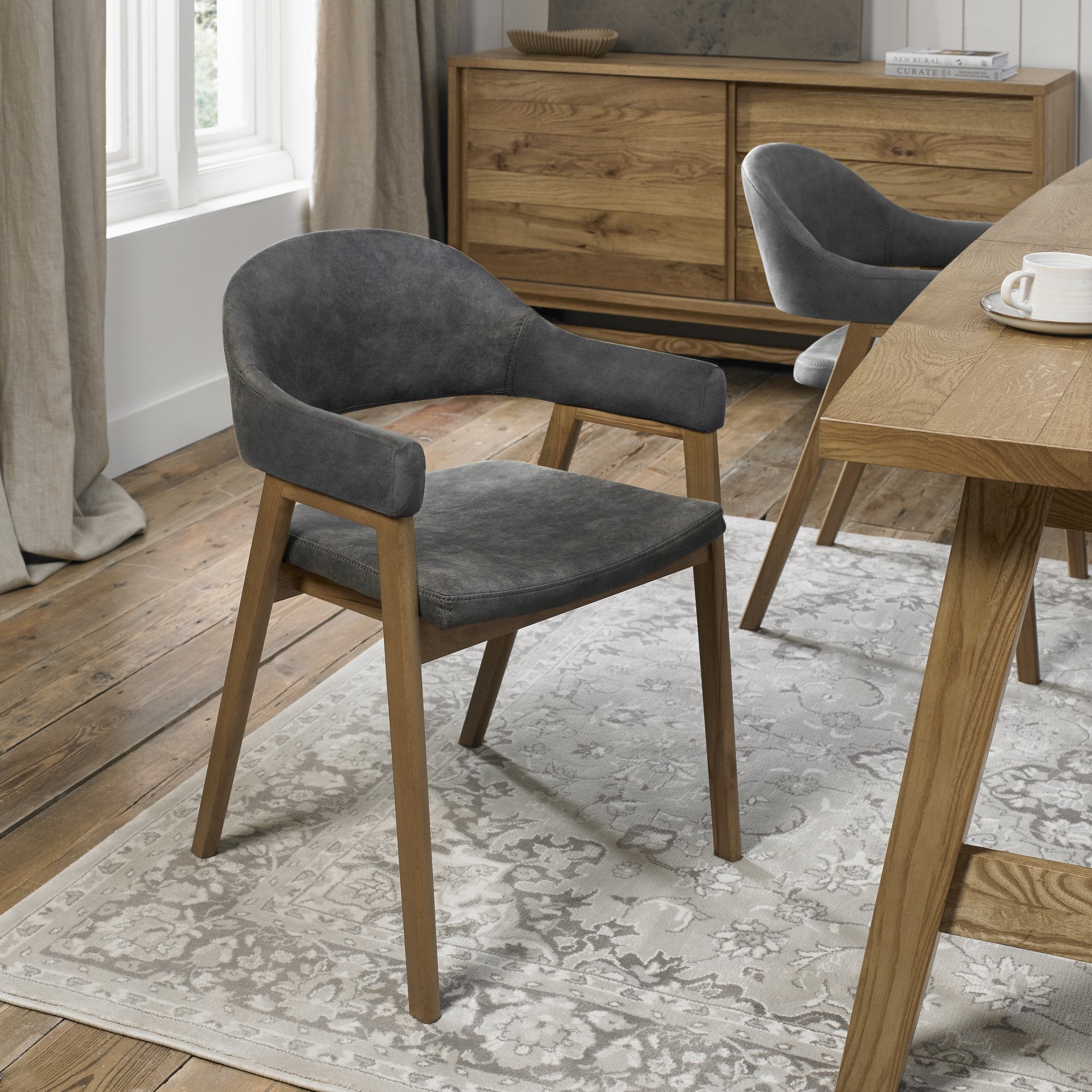 Bentley Designs Camden Rustic Oak Upholstered Arm Chairs (Pair)