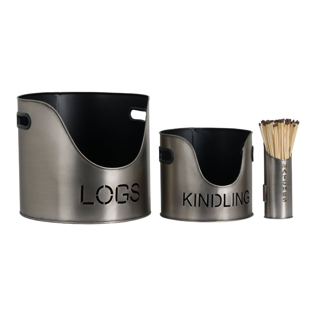 Pewter Finish Logs And Kindling Buckets & Matchstick Holder | Taylors on the High Street