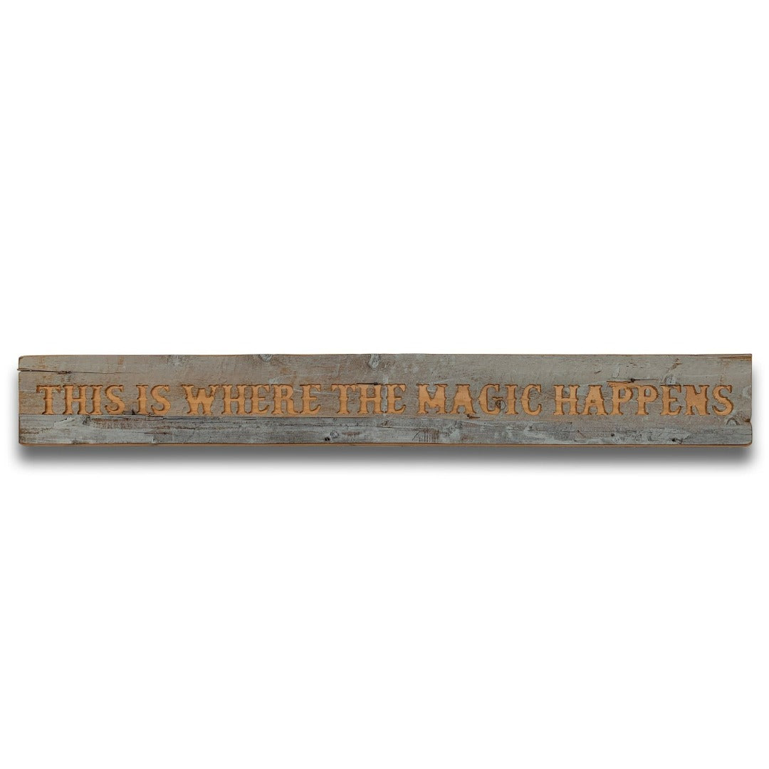 Magic Happens Grey Wash Wooden Message Plaque | Taylors on the High Street